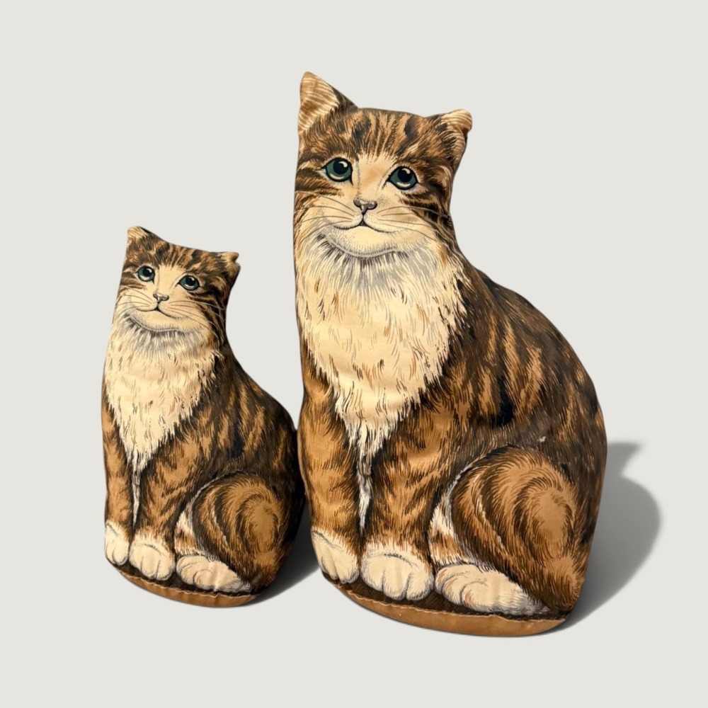 Set of 2 Vintage Sewn Cat Decorative Throw Pillows Plush 13" 10" Retro Tabby
